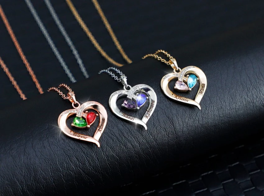 Custom Names Heart Pendant Necklace Personalized Birthstone Mother′s Day Jewelry Creative Gift