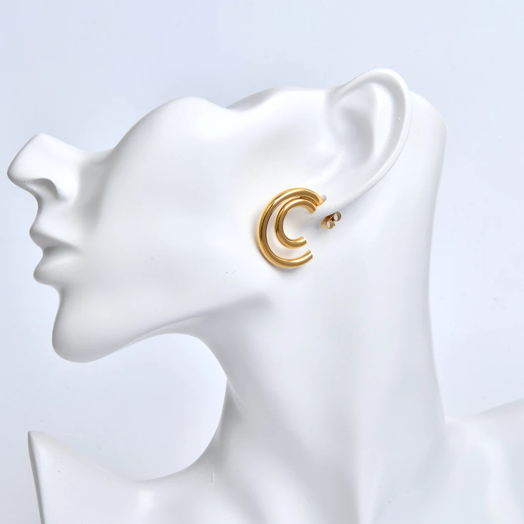 Fashion Custom Stainless Steel Gold Plated Ladies Hoop Earring Elegant Fashion Round Double Circle Earrings