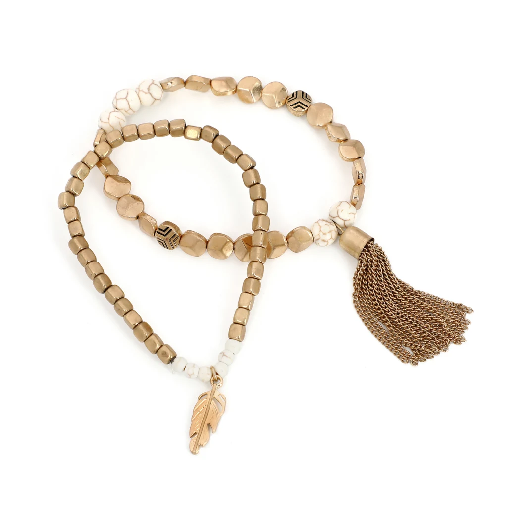Worn Gold Plated 2 Row Stretch Bracelet with Leaf and Tassle Charm Bead Adn Semi-Precious Stone