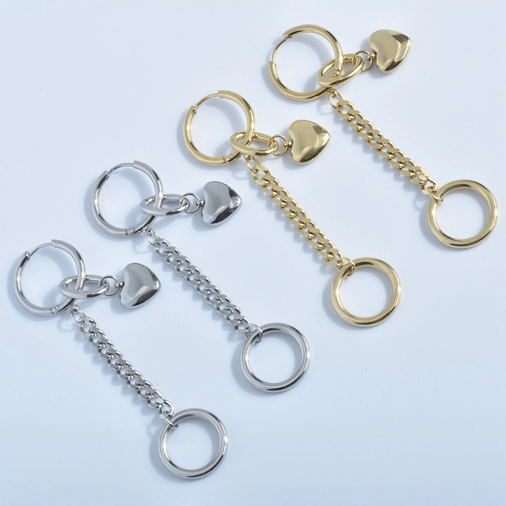 Fashion Stainless Steel Jewelry 18K Gold Plated Circle Tassel Earring Long Side Chain Heart Pendant Hoop Earrings for Women