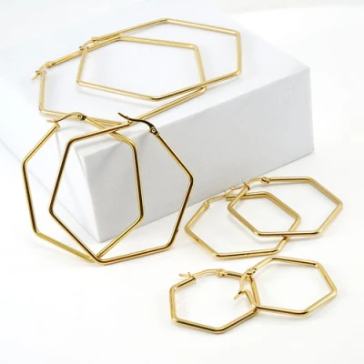 Orecchini a cerchio esagonali grandi per donna, serie Geometry, gioielli alla moda, in acciaio inossidabile placcato oro 18 carati