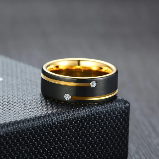 Anello in oro tungsteno da uomo europeo e americano all'ingrosso, anello in acciaio al tungsteno con zircone intarsiato elettrico IP oro di alta qualità Tst4195