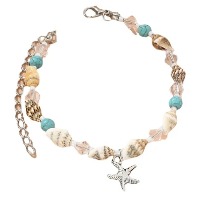 Perline con ciondoli multistrato cavigliera boho fatta a mano in mare gioielli a mano per cavigliera tartaruga con stelle marine blu da donna