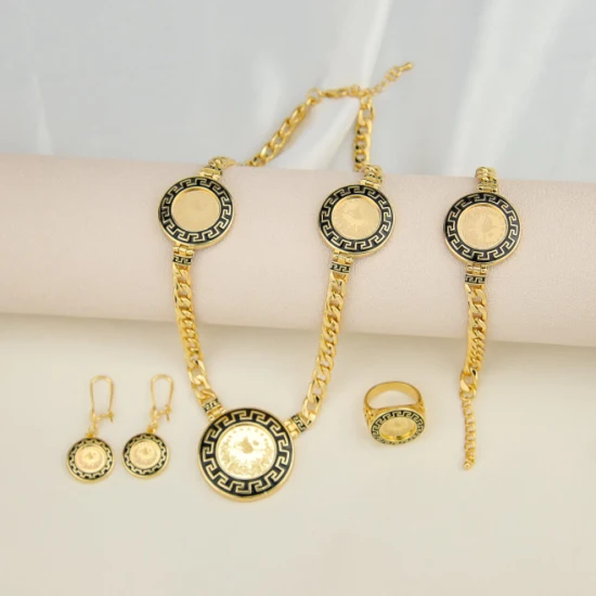 Vendita calda Gioielli Collana Orecchino Bracciale Anello Oro 4 pezzi Set di bigiotteria Set di gioielli arabi con moneta in oro 18 carati