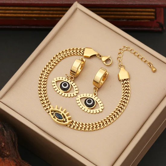 Set di gioielli Devil Eyes con collana, bracciale e orecchini in acciaio inossidabile placcato oro ossidato